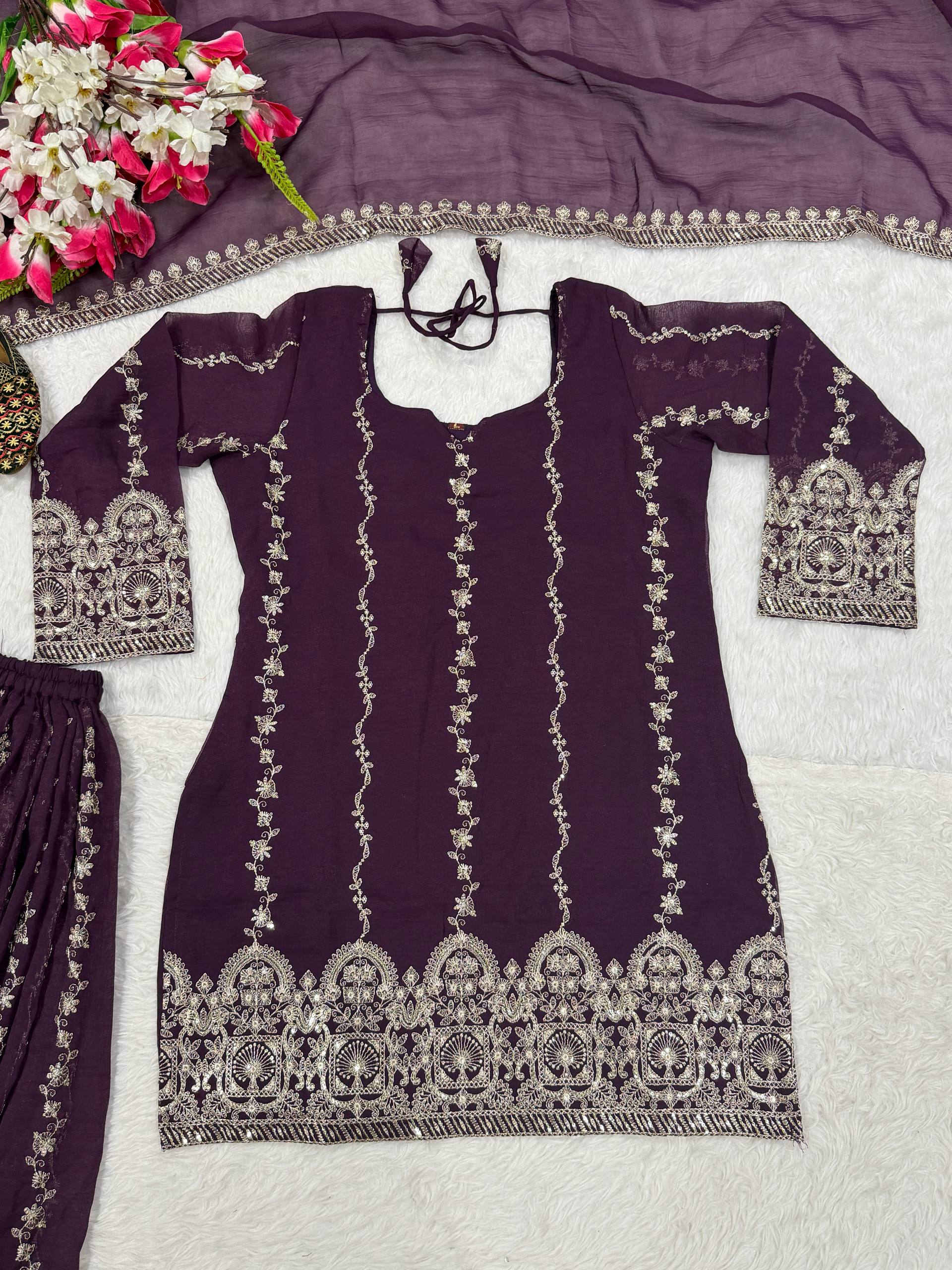 Exquisite Deep Wine Sharara Suit Set Embellished with Intricate Silver Zari Embroidery, Vertical Floral Motifs, and an Ornate Heritage Border